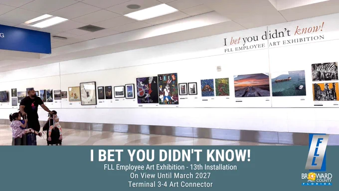 I Bet You Didn't Know!
FLL Employee Art Exhibition - 13th Installation
On View Until March 2027
Terminal 3-4 Art Connector
Broward County, Florida
A father pushes his two daughters seated on their carry-on luggage as they view the exhibition.