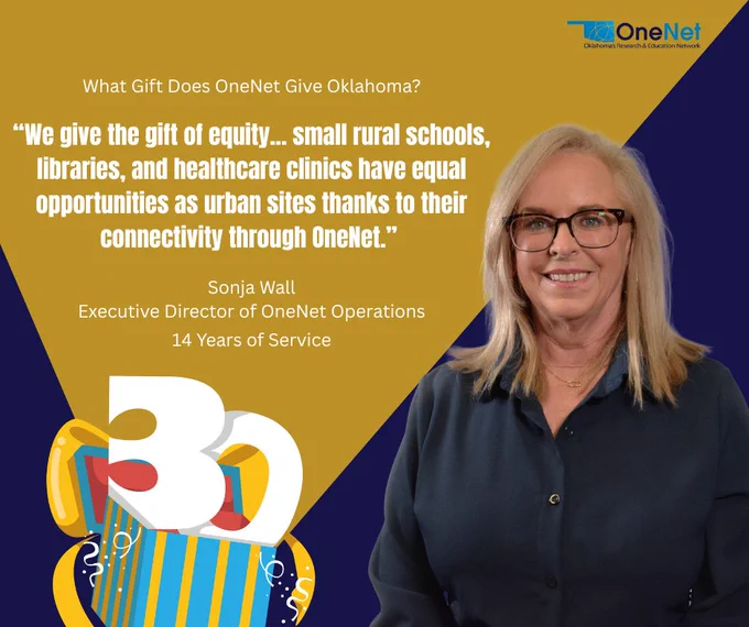 OneNet logo, Sonja Wall, A gift box with the #30, Text reads - "What Gift Does OneNet Give Oklahoma? We give the gift of equity... small rural schools, libraries, and healthcare clinics have equal opportunities as urban sites thanks to their connectivity through OneNet. Sonja Wall, Executive Director of OneNet Operations,14 Years of Service."