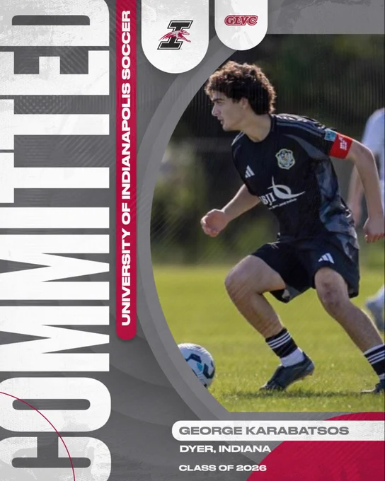 Graphic describing new commitment to the University of Indianapolis Men’s Soccer team, George Karabatsos.