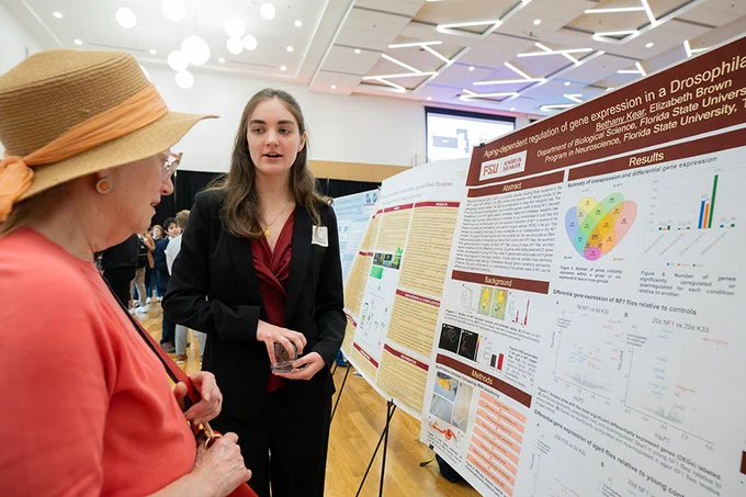 A student shares her research at the symposium. 