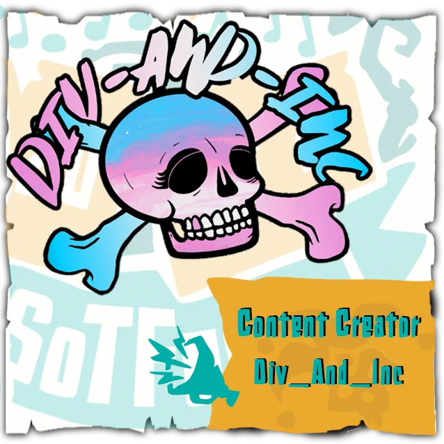 Promotional panel image for content creator Div_And_Inc. The image shows a stylized pink and blue skull with crossbones, painted in sunset gradient colours, with text around it reading 'DIV-AND-INC' in matching shades. The background shows faded teal and beige event graphics. A bright orange banner at the bottom right reads 'Content Creator Div_And_Inc' with a teal megaphone icon.