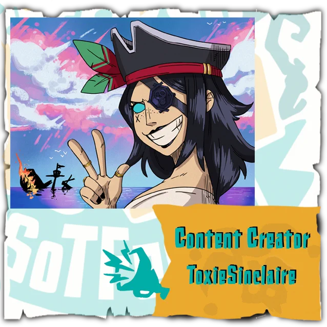 Promotional panel image for content creator ToxieSinclaire. The image shows an anime-style pirate character with long dark hair, a hat with feathers, and an eyepatch over a glowing blue eye, smiling and making a peace sign. A sunset with bright pink and blue clouds and a burning ship can be seen in the background. A bright orange banner at the bottom right reads 'Content Creator ToxieSinclaire' with a teal megaphone icon.