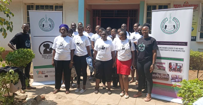 AUEU Youth Action Lab Representation Grantee, Kisumu Grassroots Friends Self Help Group, with newly trained Free Maternity Champions during a group photo in Kisumu County, Kenya under the Women Voices on Free Maternity Policy project.