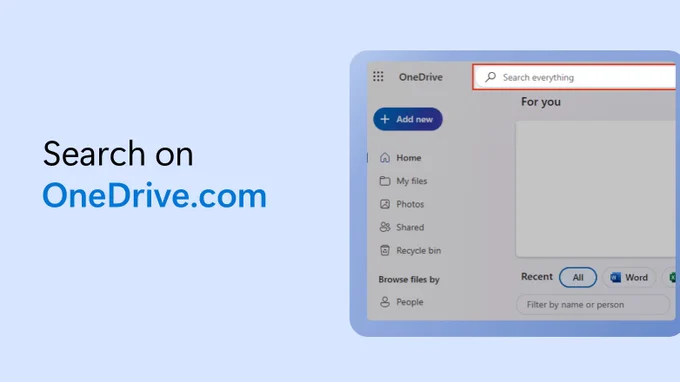Text beside a partial screenshot of Microsoft OneDrive says search on OneDrive.com.