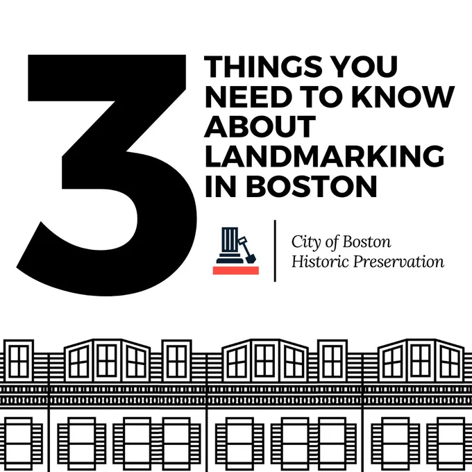 Graphic that reads, three things you need to know about landmarking in Boston