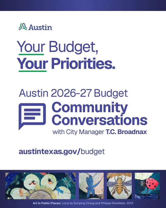 Your Budget, Your Priorities. Community Conversations with Austin City Manager T.C. Broadnax. www.AustinTexas.gov/Budget.