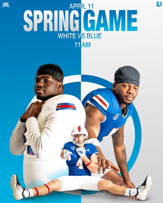 Promotional graphic for University of West Georgia football Spring Game showing three players in white and blue uniforms against a split blue and white background, with bold text reading “April 11 Spring Game, White vs Blue, 11AM.”