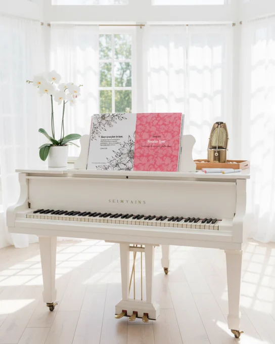 Open scripture coloring page with floral botanical design and pink "Journey on Love" coloring book displayed on white Steinway grand piano with white orchid, vintage brass lantern, and colorful pencils in bright sunlit room.