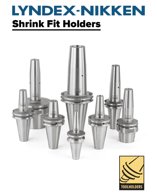 A professional product showcase featuring a group of eight Lyndex-Nikken Shrink Fit Holders of various sizes and tapers, arranged on a white background. The metal tool holders are polished silver with precise industrial markings. The image includes the "Lyndex-Nikken" logo at the top and a yellow "Toolholders" icon in the bottom right corner.