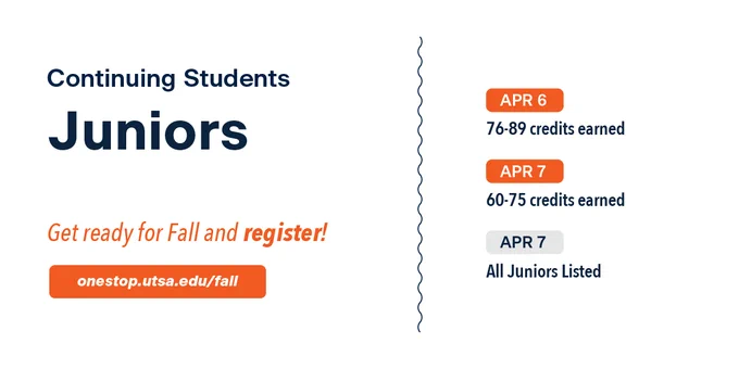 Continuing junior students can register for fall starting today, April 6, if they have between 76-89 credit hours earned and tomorrow, April 7, if they have between 60-75 credits earned. Website link: onestop.utsa.edu/fall.