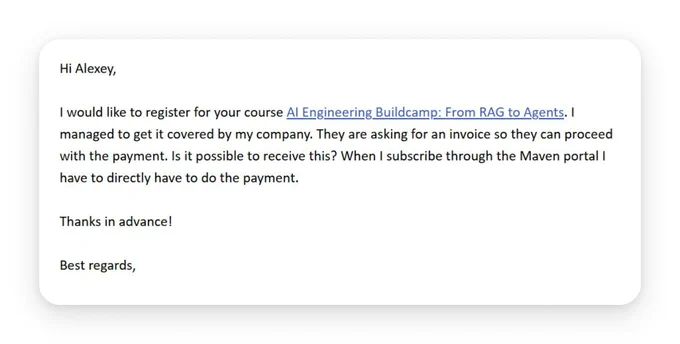 A request for registration in the AI Engineering Buildcamp, seeking an invoice for company payment assistance.