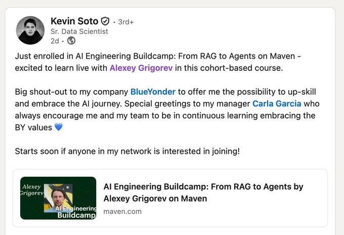 Kevin Soto shares excitement about enrolling in the AI Engineering Buildcamp and thanks his company for supporting his learning journey.