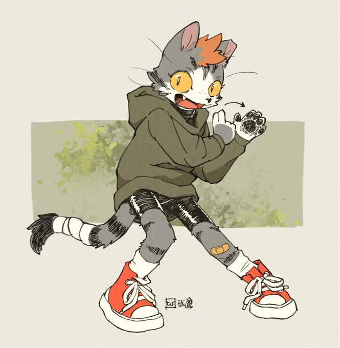This digital illustration features a playful, anthropomorphic cat character in a dynamic pose. The cat has grey and white fur with a bright orange tuft of hair and large, expressive yellow eyes. 

It is dressed in an oversized olive green hoodie, dark bike shorts, and vibrant red high-top sneakers with white laces. The character's tail is partially wrapped in white bandages, and a small adhesive bandage is visible on its knee. It has an excited expression, with its mouth open and one paw raised to show its paw pads. The background is minimalist, consisting of an off-white space with a textured green rectangular block behind the character.