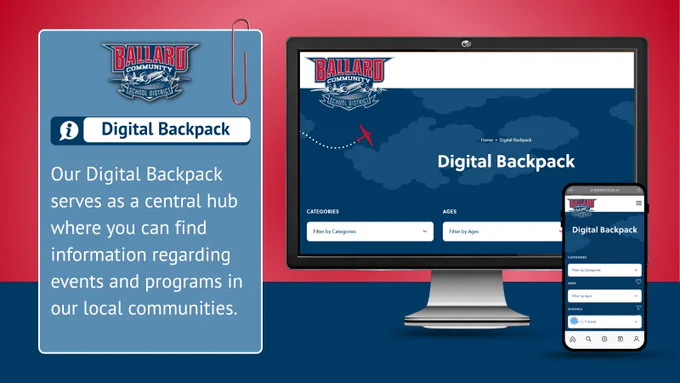 Digital Backpack platform homepage on desktop and mobile, offering community event and program info for Ballard Community School District.