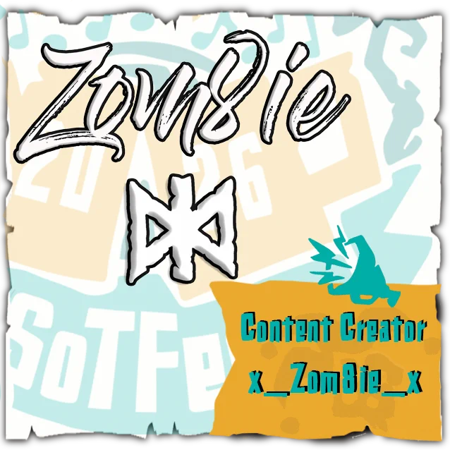 Promotional panel image for content creator x_Zom8ie_x. The image features the stylized text 'Zom8ie' in large handwritten letters with a white and black logo resembling crossed letters in the centre. The background includes soft teal and beige colours with the words 'SoTFest' faintly visible. A bright orange banner at the bottom right reads 'Content Creator x_Zom8ie_x' with a teal megaphone icon.
