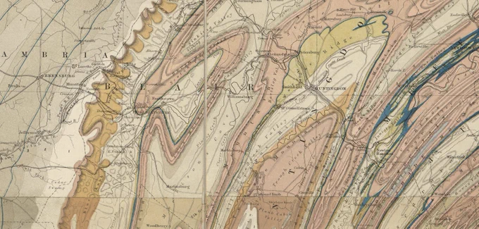 Close-in view of central Pennsylvania with color-coded, wavy geological strata shown with local towns and major roadways mapped over top.