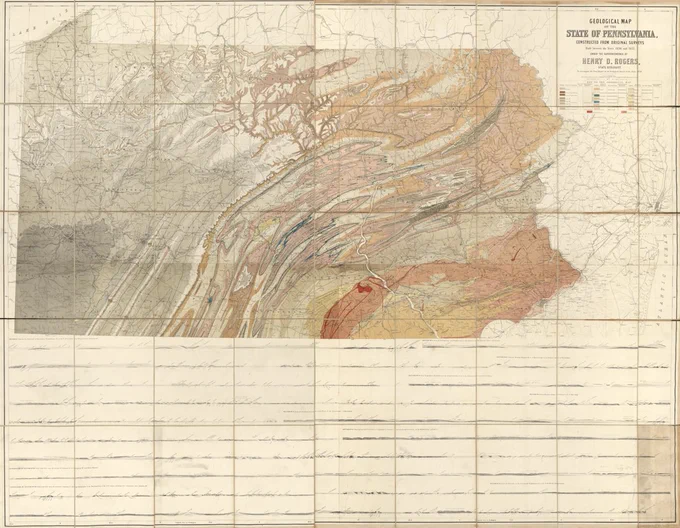 Map of Pennsylvania geologic formations with map legend at top-right and a display of specific geologic cross-sections between different Pennsylvania locales at bottom.
