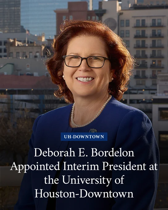 A photo of Deborah E. Bordelon, chief academic officer and provost at the University of Houston-Downtown, who was recently named the interim president of UHD. The Houston skyline is present in the background.