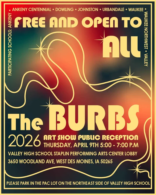 2026 The 'Burbs Public Art Show and Reception Poster.