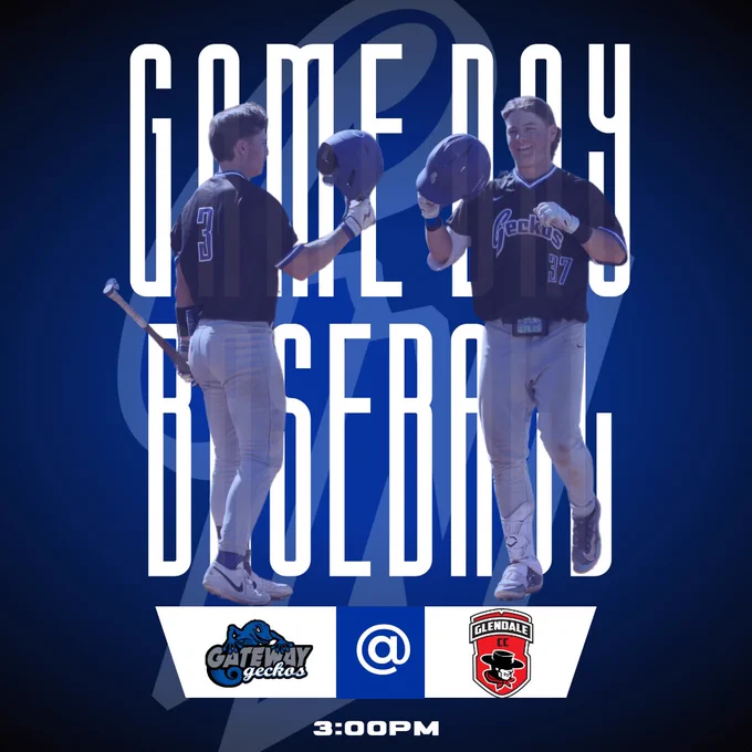 The image shows two baseball players in blue uniforms, each holding a helmet, facing each other against a dark blue background. The player on the left wears the number 3 on his back, holding a bat and a helmet, while the player on the right, wearing number 37, holds his helmet in the air with a smile. Both players are in a celebratory pose. The background features large vertical text reading "GAME DAY BASEBALL" in a white, elongated font. Below the players, there are two logos separated by an "at" symbol; on the left is a blue logo of the Gateway Geckos featuring a gecko, and on the right is the Glendale logo with a red mascot. The bottom text reads "3:00PM."