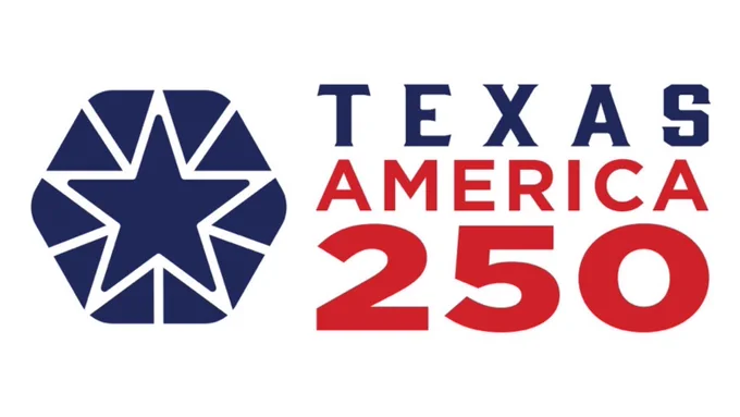 Blue star emblem next to bold text reading 'Texas America 250' in red and blue.