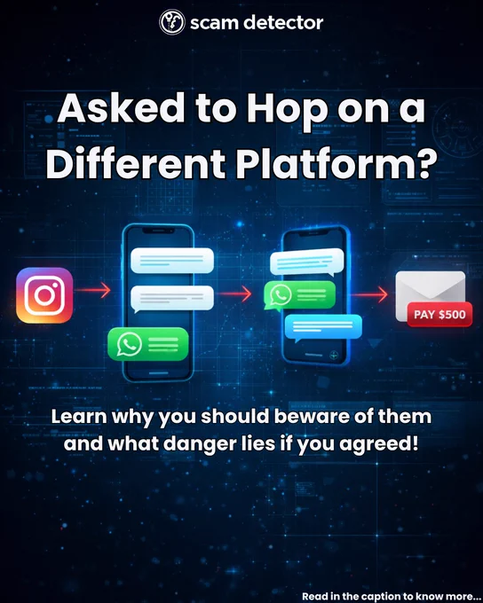 Infographic showing a scam conversation moving from Instagram to WhatsApp and then to email, ending with a payment request of $500. The graphic warns about scammers who ask victims to switch communication to different platforms to avoid detection and increase the chance of fraud.