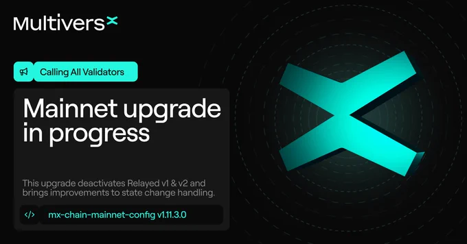 Mainnet upgrade in progress featuring a stylized logo and a call to validators, detailing improvements and deactivations.
