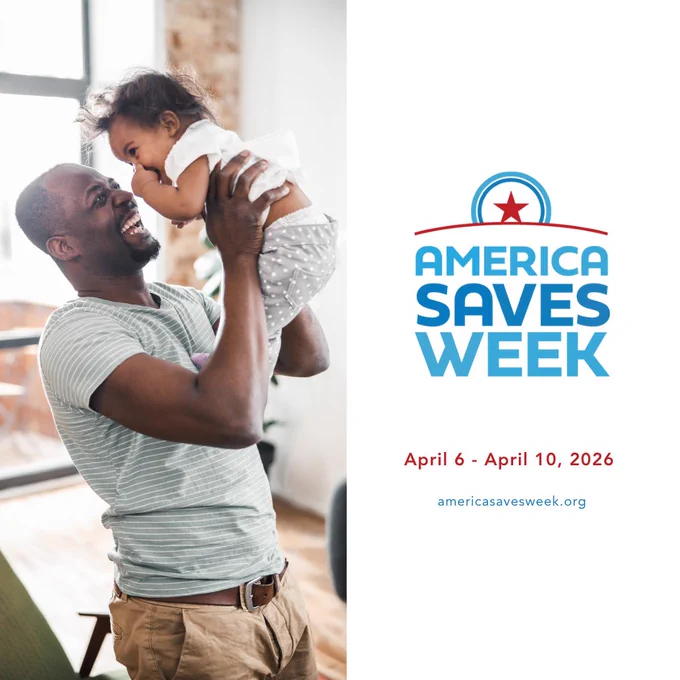 A person joyfully lifts a child in an airy, sunlit room. The America Saves Week logo and details are on the right, indicating the event from April 6 to April 10, 2026.