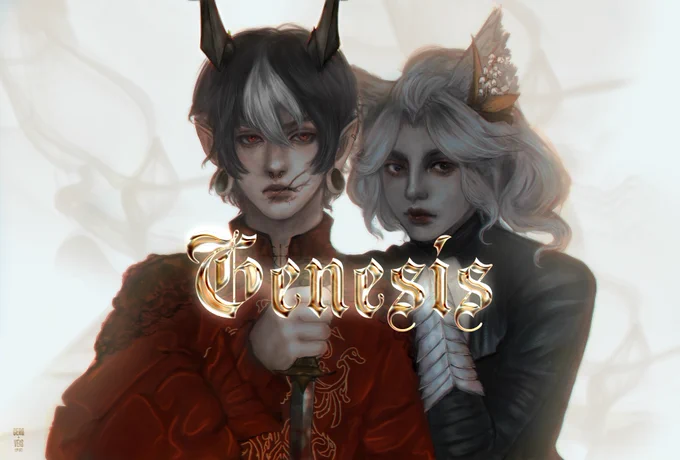 Art by ceroveis featuring Grimoire on the left, holding a dagger, and Auzos on the right leaning on Grimoire's shoulder.