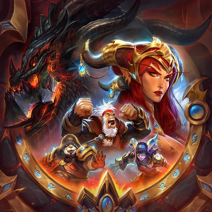 Artwork of Alexstrasza framed by a glowing emblem, with Deathwing looming behind her as characters charge forward through fiery magic.