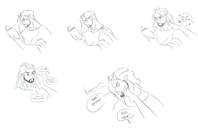 Five panels, black and white digital. 

1: Caleb, a long haired bearded man with demon horns is reading 

2: his girlfriend, Seyon, starts to creep her bare foot up his shoulder 

3: He looks very annoyed 
Seyon, from off screen, wiggling her toes next to Caleb's face, singing: Caleb likes fee~eet, Caleb likes fee~eet!

4. Seyon continues wiggling her foot. Caleb has put down his book and turned to address her, annoyed
Seyon: You wanna kiss them?
Caleb: ...
Seyon: wanna kiss my toes, you foot freak?
Caleb: ...Seyon I'm trying to rea--

5: Seyon slams her foot hard enough on Caleb's cheek to knock off his glasses
Caleb: gah! Seyon!
Seyon: Kiss them!
