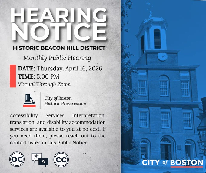 Graphic announcing next hearing for the historic beacon hill district. 