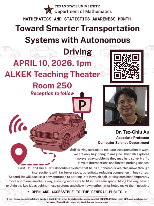 Texas State University event on April 10, 2026, about smarter transportation with autonomous driving, held at Alkek Teaching Theater, Room 250.