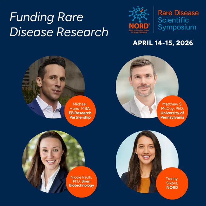 Sure, here's an alternative text description:

"Promotional image for the Rare Disease Scientific Symposium by NORD. The image highlights the event dates, April 14-15, 2026, and features four individuals: Michael Hund, MBA, EB Research Partnership; Matthew S. McCoy, PhD, University of Pennsylvania; Nicole Paulk, Bio, Siren Biotechnology; and Tracey Sikora, Nord."