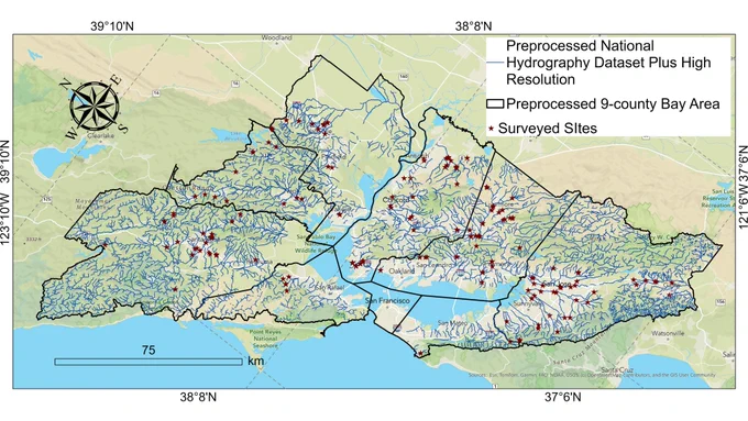 Map of the processed stream network and 164 surveyed sites based on National Hydrography Dataset Plus High Resolution in the study area, the processed San Francisco Bay Area.
