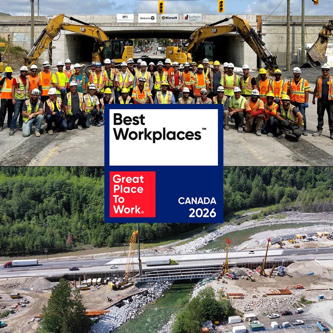 A large group of construction workers wearing safety gear stand in front of excavators on a construction site. Above them is a partially constructed bridge with various sponsor logos. Below, a scenic view of the same site from a distance, surrounded by trees. In the center, a graphic displays "Best Workplaces" and "Great Place to Work Canada 2026.