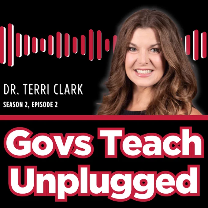 Podcast cover for "Govs Teach Unplugged," Season 2, Episode 2, featuring Dr. Terri Clark. The background has soundwave graphics.