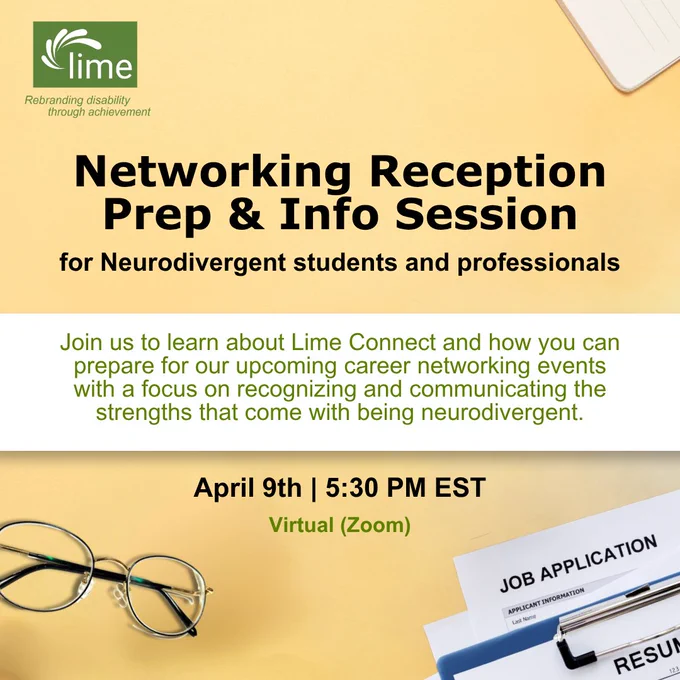 Graphic showcasing event details with glasses, notepad, paper job application and resume on tan surface