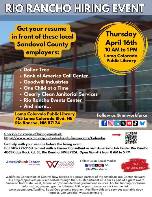Hiring Event at 755 Loma Colorado Blvd. NE Rio Rancho New México 87124 from 10 AM to  1 PM on April 16th.