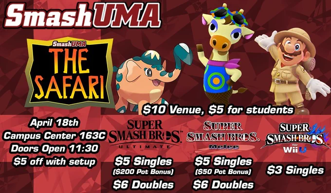 SmashUMA: The Safari event coming up April 18th, with Smash Ultimate, Smash Melee, and Smash 4 all at the UMASS Flagship Campus in Amherst, Massachusetts.