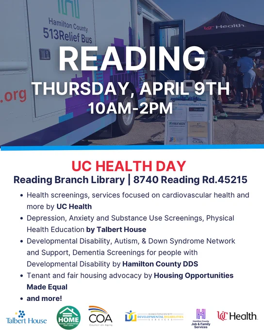 A flyer that says Reading, Thursday April 9th 10 AM - 2 PM