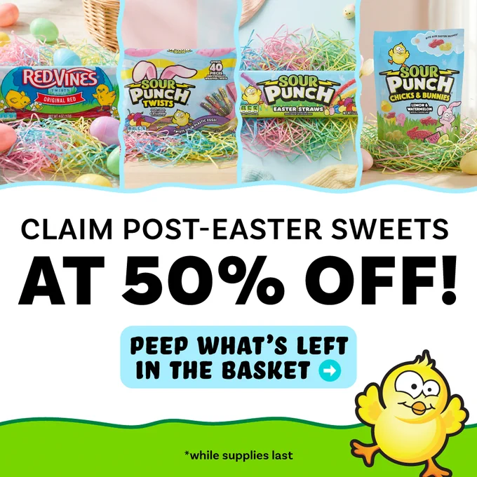 Image showing a post-Easter sale promotion for Red Vines and Sour Punch candies at 50% off. Various candy bags are displayed with colorful Easter decorations like eggs and grass. A cute cartoon chick is in the bottom right corner, next to text saying "Peep what's left in the basket." Note states "*while supplies last.