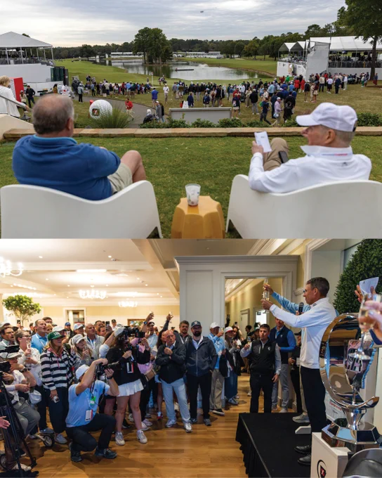 The top image shows two people sitting in chairs overlooking a golf course with spectators and trees in the background. The bottom image depicts a crowded indoor event where a person is raising a glass in a toast among applauding attendees, with a golf trophy visible.