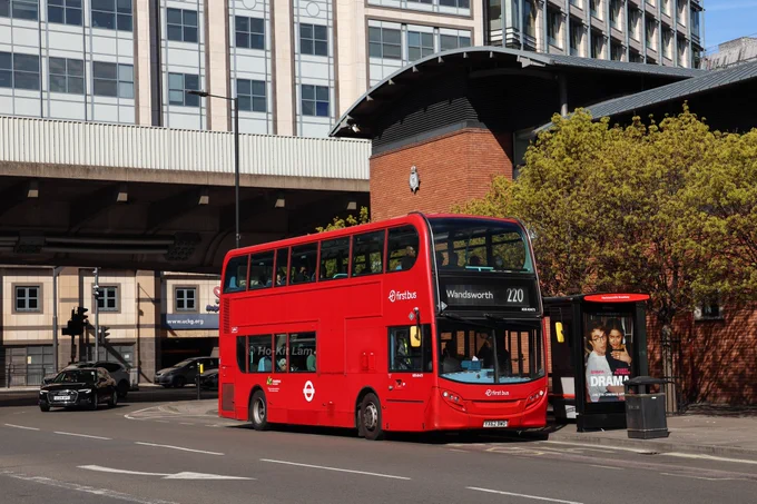 First Bus London ADE40473 (YX62BWO) is a red Alexander Dennis Enviro400 and is pictured in Hammersmith as it heads to Wandsworth on route 220.