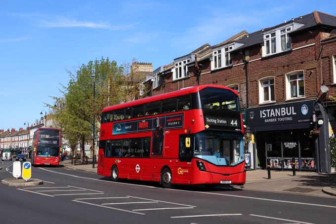 Go Ahead London WSD13 (SN18XZG) is a red Wright Streetdeck Micro Hybrid and is pictured heading to Tooting Station on route 44.