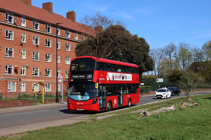 Arriva London HV404 (LC67AKP) is a red Volvo B5LH Gemini 3 and is pictured in Streatham Common as it heads to Clapham Common on route 249.