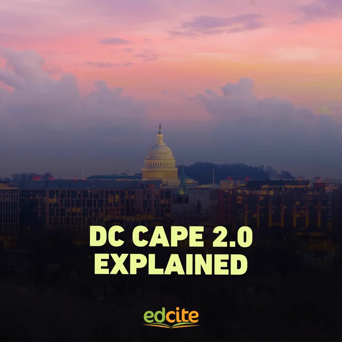 DC CAPE 2.0 explained with Washington D.C. skyline and U.S. Capitol, highlighting updates to DC state testing