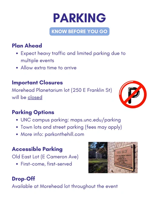 Parking information for the UNC Science Expo. The Morehead Planetarium lot at 250 E Franklin St will be closed. Campus parking available at maps.unc.edu/parking. Town lots and street parking available; fees may apply. Accessible parking at the Old East lot on E Cameron Ave, first-come, first-served. Drop-off available at the Morehead lot throughout the event.