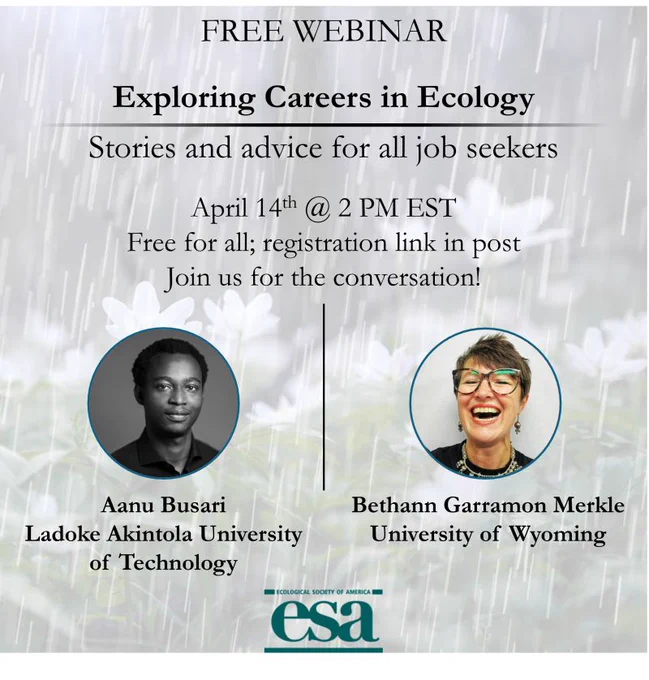 A promotional image with text detailing the event and headshots of Aanu Busari and Bethann Garramon Merkle.