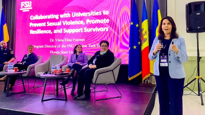 Dr. Vilma Fuentes presenting during a panel at an international conference titled "Women in Law Enforcement: Role, Challenges and Prospects."